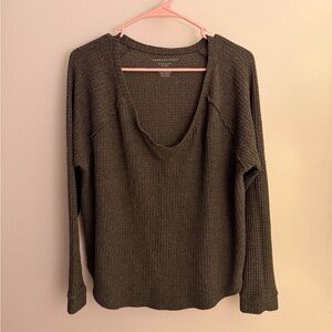 American Eagle Olive Green Waffle-Knit V-Neck Top